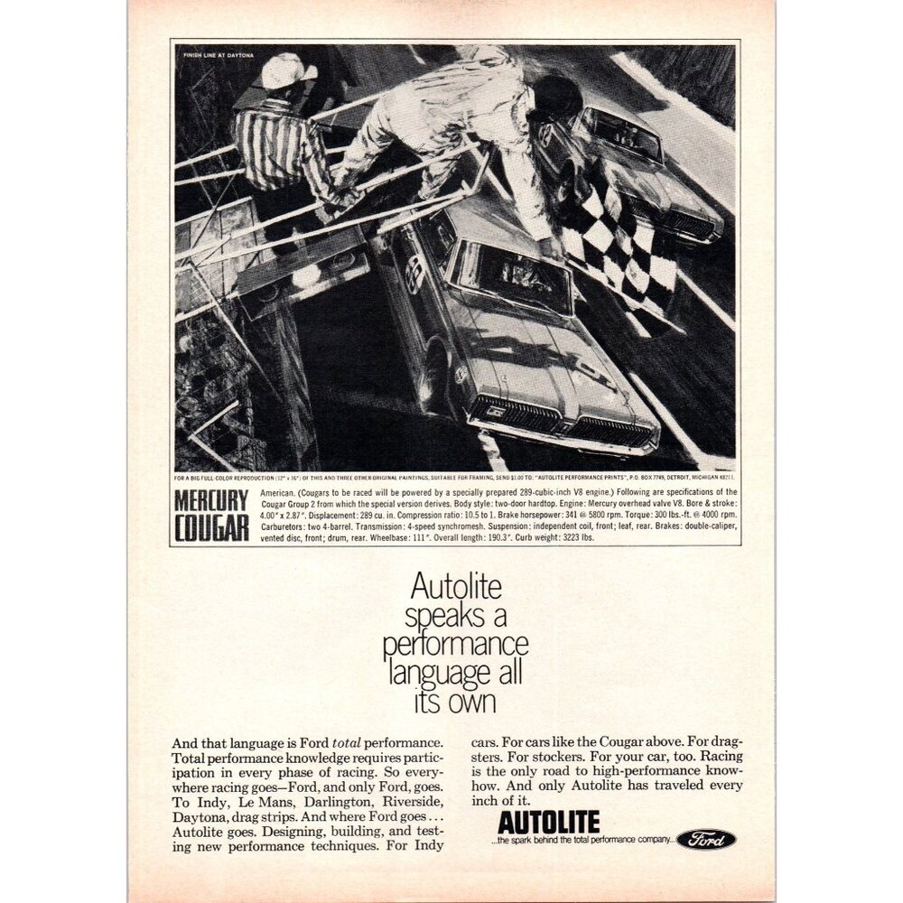 1967 Autolite Spark Plug Mercury Cougar Daytona 500 Finish Line Vintage Print Ad